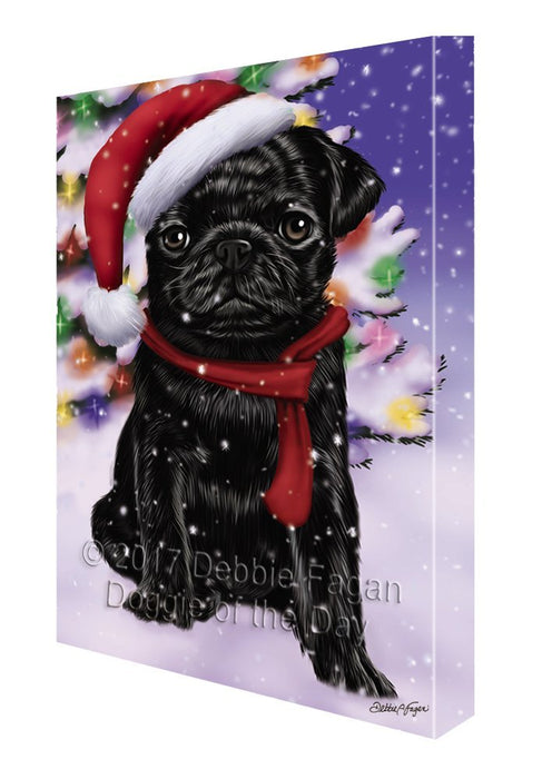 Winterland Wonderland Pug Puppy Dog In Christmas Holiday Scenic Background Painting Printed on Canvas Wall Art