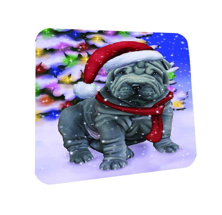 Winterland Wonderland Shar Pei Dog In Christmas Holiday Scenic Background Coasters Set of 4