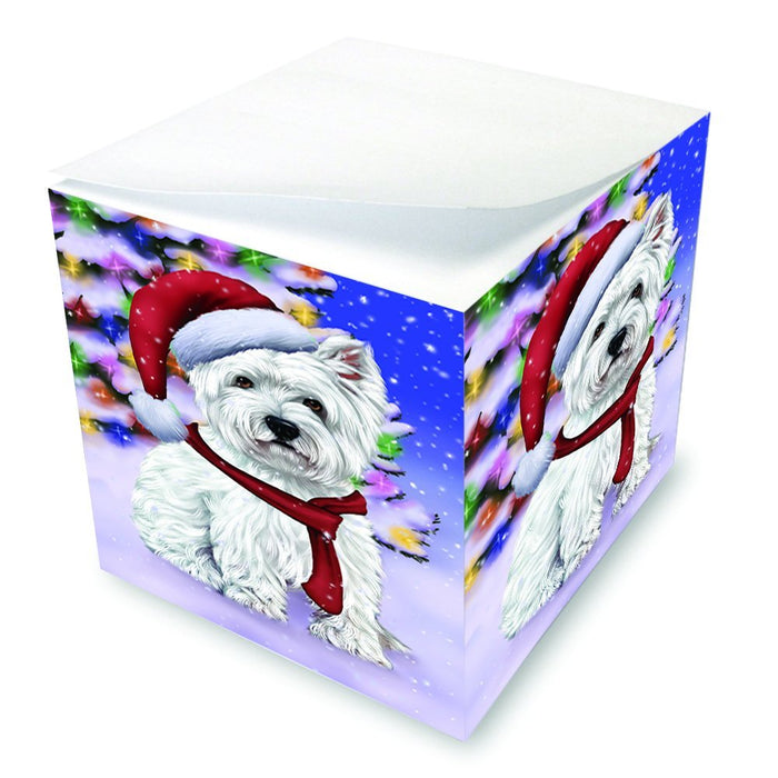 Winterland Wonderland West Highland Terriers Puppy Dog In Christmas Holiday Scenic Background Note Cube D683
