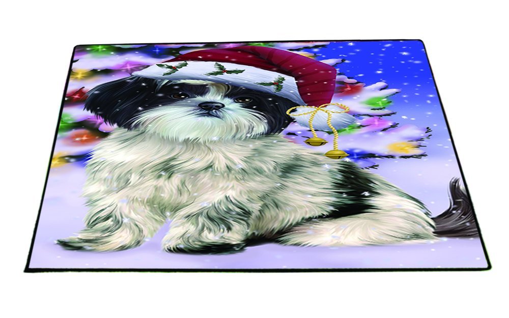 Winterland Wonderland Shih Tzu Dog In Christmas Holiday Scenic Background Indoor/Outdoor Floormat
