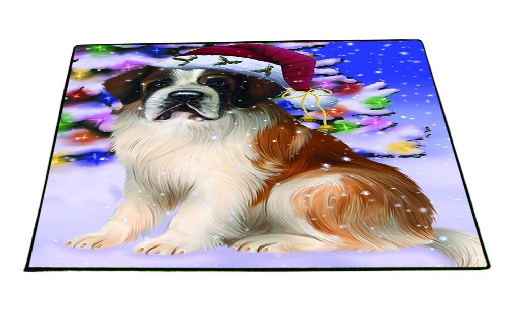 Winterland Wonderland Saint Bernard Dog In Christmas Holiday Scenic Background Indoor/Outdoor Floormat