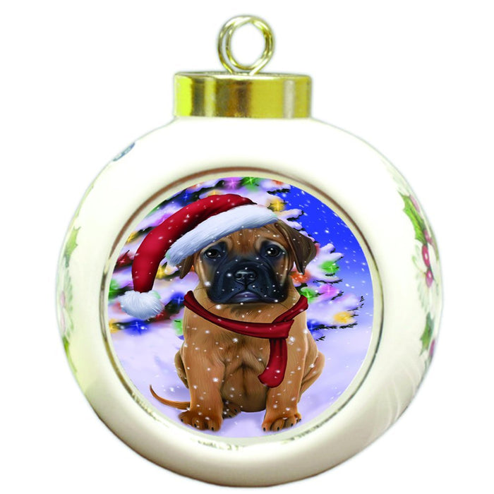 Winterland Wonderland Bullmastiff Dog In Christmas Holiday Scenic Background Round Ball Ornament D524