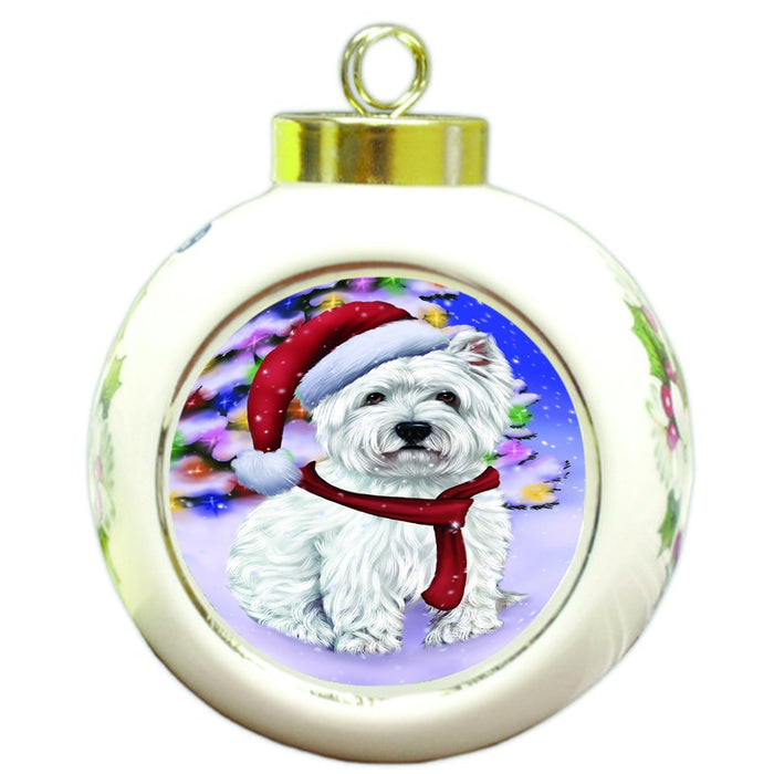 Winterland Wonderland West Highland Terriers Puppy Dog In Christmas Holiday Scenic Background Round Ball Ornament D591