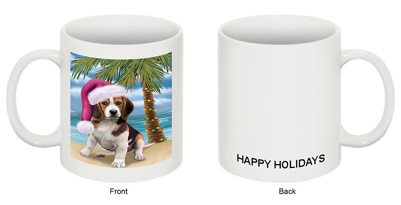 Summertime Happy Holidays Christmas Beagles Dog on Tropical Island Beach Mug