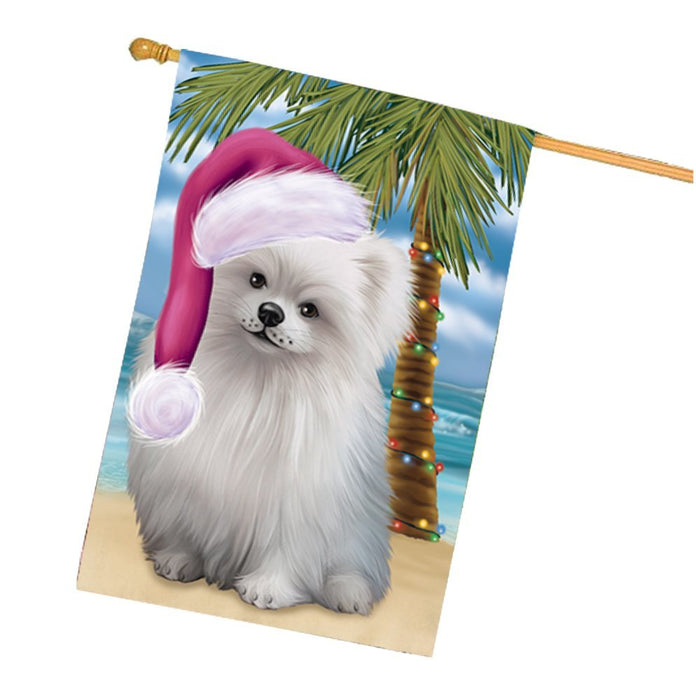 Summertime Happy Holidays Christmas Pomeranians Dog on Tropical Island Beach House Flag