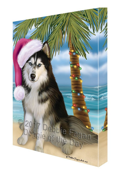 Summertime Happy Holidays Christmas Siberian Husky Dog on Tropical Island Beach Canvas Wall Art