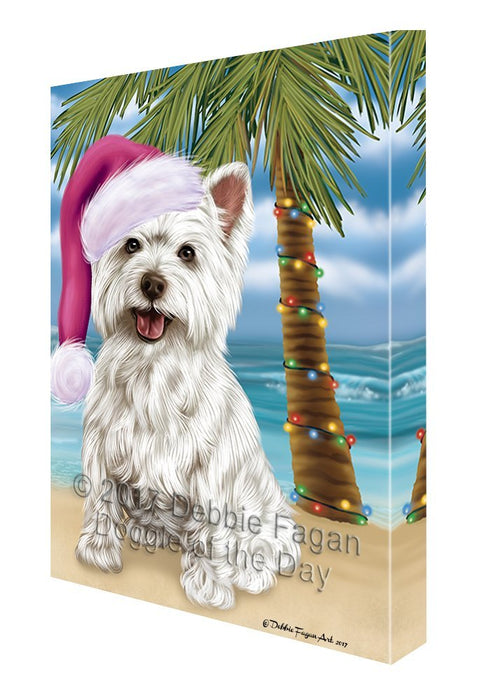 Summertime Happy Holidays Christmas West Highland Terriers Dog on Tropical Island Beach Canvas Wall Art