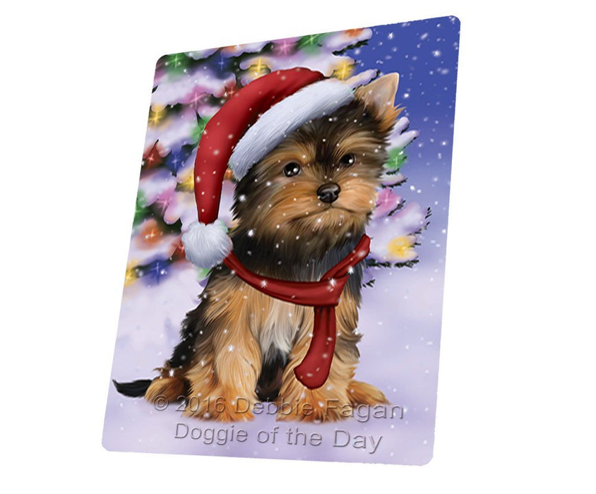 Winterland Wonderland Yorkshire Terriers Puppy Dog In Christmas Holiday Scenic Background Tempered Cutting Board