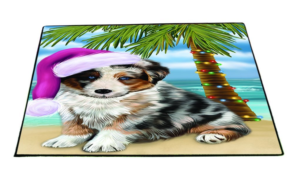 Summertime Happy Holidays Christmas Australian Shepherd Dog on Tropical Island Beach Indoor/Outdoor Floormat