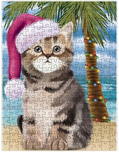 Summertime Happy Holidays Christmas British Shorthair Cat on Tropical Island Beach Puzzle with Photo Tin