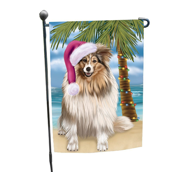 Summertime Happy Holidays Christmas Shetland Sheepdogs Dog on Tropical Island Beach Garden Flag