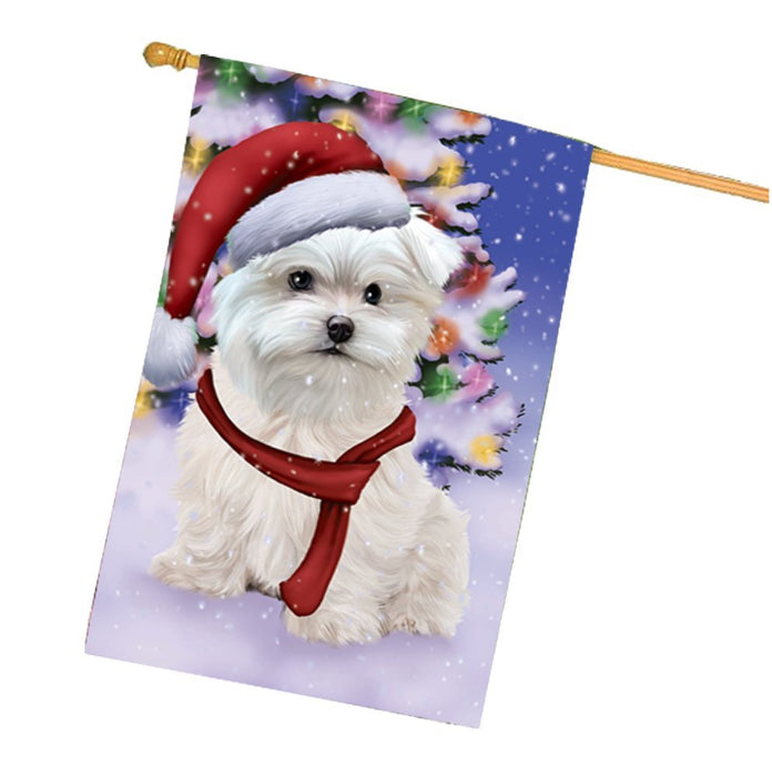 Winterland Wonderland Maltese Puppy Dog In Christmas Holiday Scenic Background House Flag