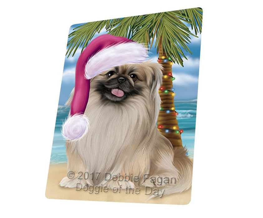 Summertime Happy Holidays Christmas Pekingese Dog on Tropical Island Beach Tempered Cutting Board