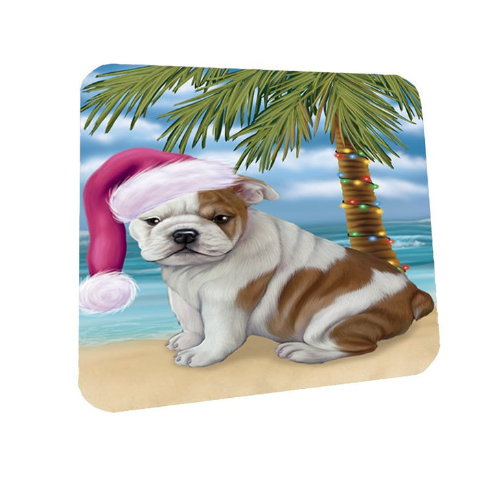 Summertime Happy Holidays Christmas Bulldog Dog on Tropical Island Beach Coasters Set of 4