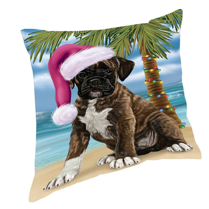 Summertime Happy Holidays Christmas Boxers Dog on Tropical Island Beach Throw Pillow