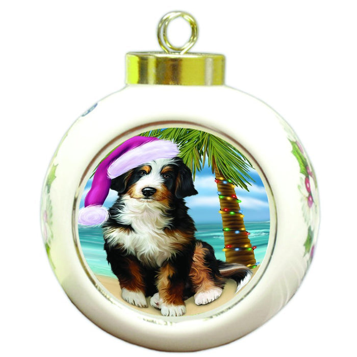 Summertime Happy Holidays Christmas Bernedoodle Dog on Tropical Island Beach Round Ball Ornament D495