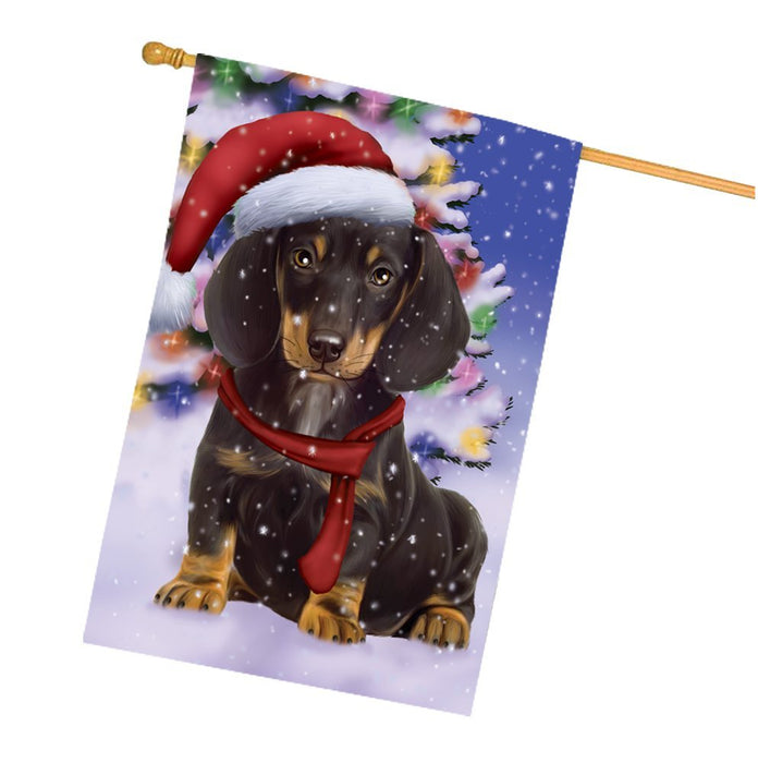 Winterland Wonderland Dachshunds Dog In Christmas Holiday Scenic Background House Flag