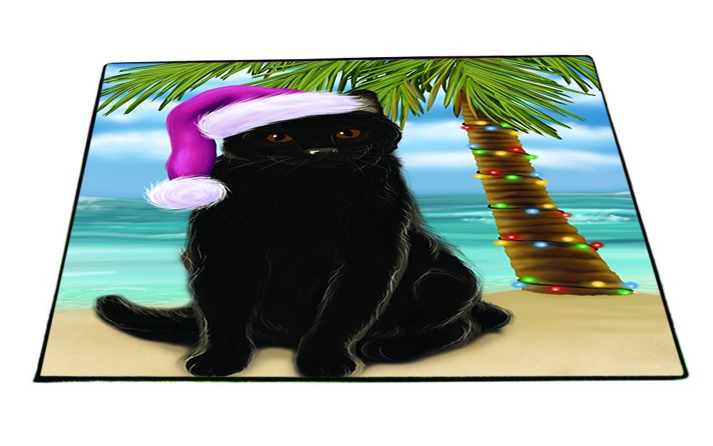 Summertime Happy Holidays Christmas Black Cat on Tropical Island Beach Indoor/Outdoor Floormat