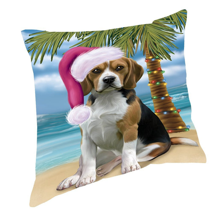 Summertime Happy Holidays Christmas Beagles Dog on Tropical Island Beach Throw Pillow