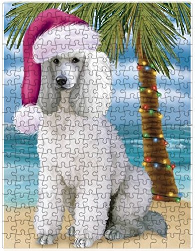Summertime Happy Holidays Christmas Poodle Dog on Tropical Island Beach Puzzle with Photo Tin