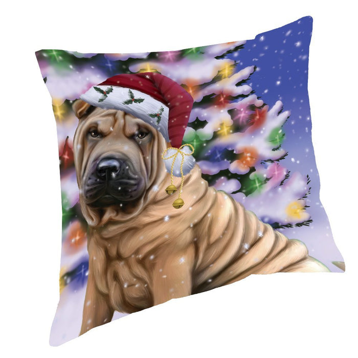Winterland Wonderland Shar Pei Dog In Christmas Holiday Scenic Background Throw Pillow