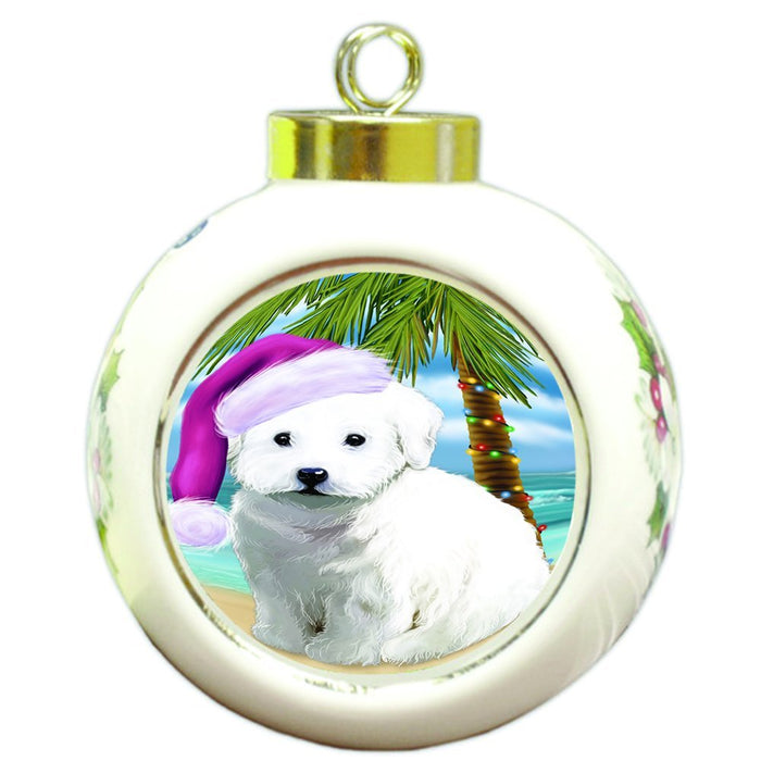 Summertime Happy Holidays Christmas Bichon Frise Dog on Tropical Island Beach Round Ball Ornament D497
