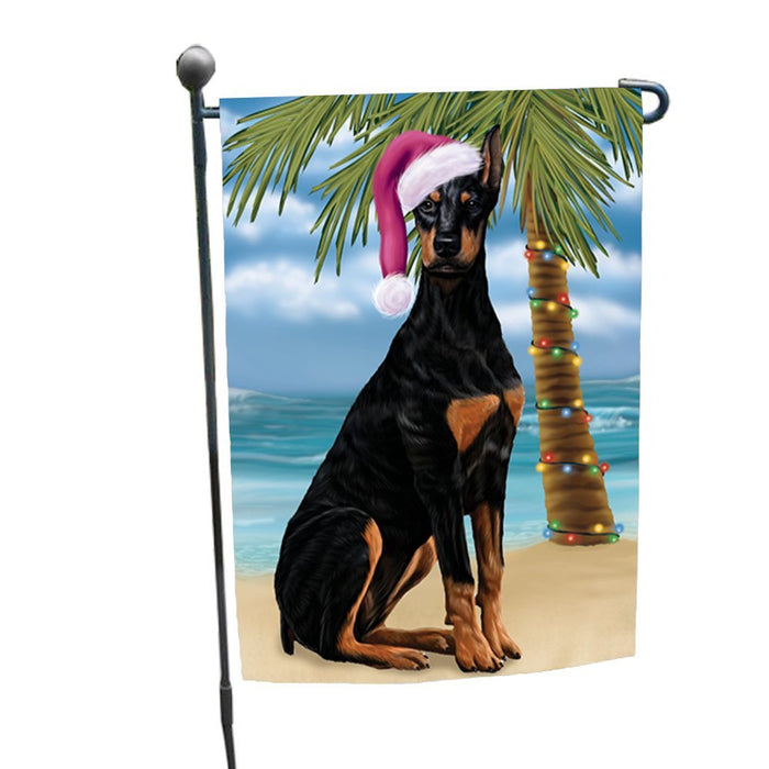 Summertime Happy Holidays Christmas Doberman Dog on Tropical Island Beach Garden Flag