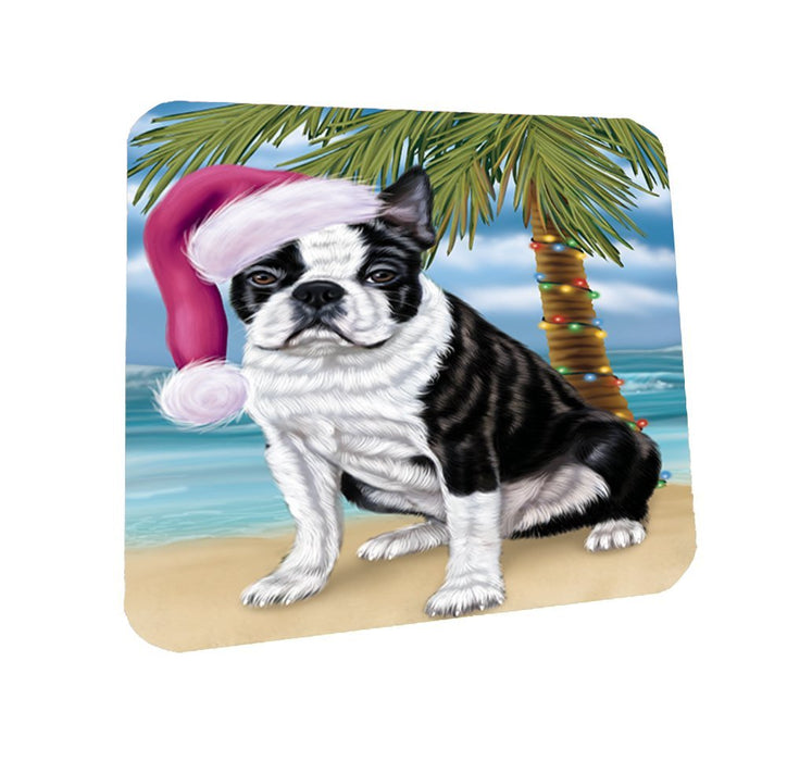 Summertime Happy Holidays Christmas Boston Terriers Dog on Tropical Island Beach Coasters Set of 4