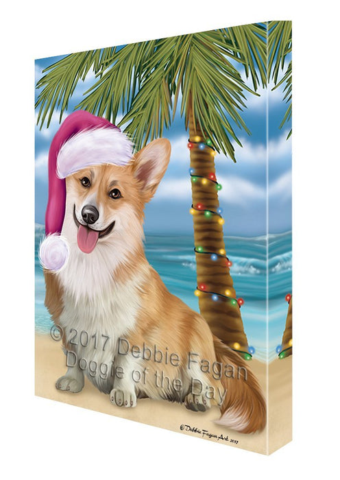 Summertime Happy Holidays Christmas Corgi Dog on Tropical Island Beach Canvas Wall Art