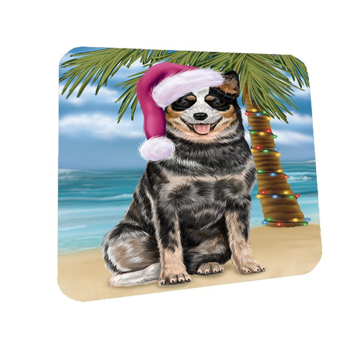 Summertime Happy Holidays Christmas Australian Cattle Dog on Tropical Island Beach Coasters Set of 4