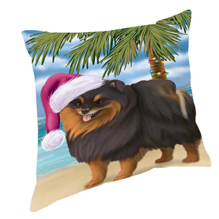 Summertime Christmas Happy Holidays Pomeranian Spitz Dog on Beach Throw Pillow PIL1560