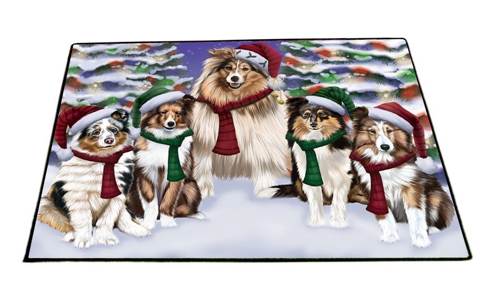Shetland Sheetdog Dog Christmas Family Portrait in Holiday Scenic Background Indoor/Outdoor Floormat