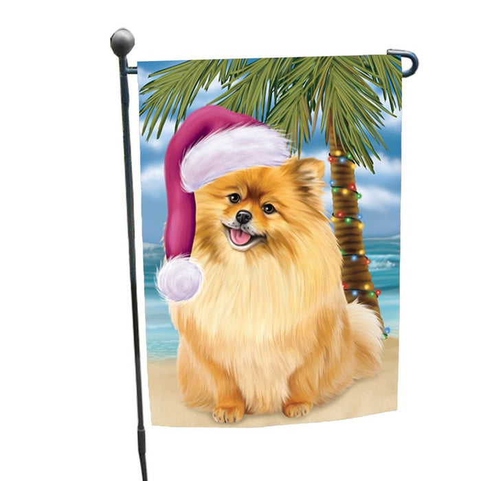 Summertime Happy Holidays Christmas Pomeranians Dog on Tropical Island Beach Garden Flag