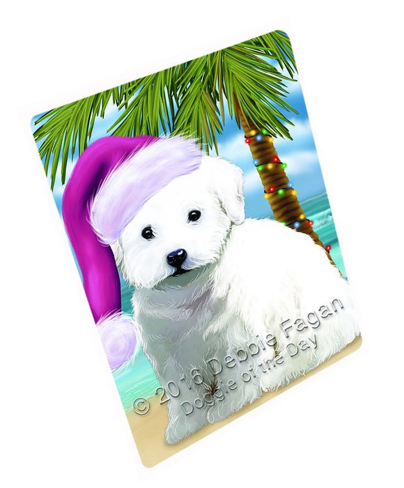 Summertime Happy Holidays Christmas Bichon Frise Dog on Tropical Island Beach Tempered Cutting Board