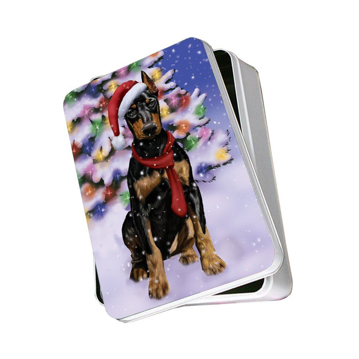 Winterland Wonderland Doberman Dog In Christmas Holiday Scenic Background Photo Storage Tin