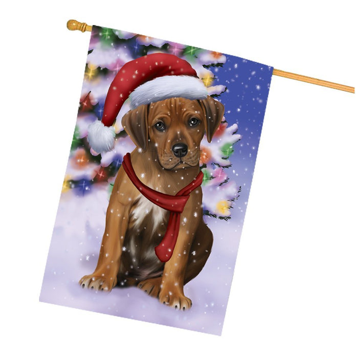 Winterland Wonderland Rhodesian Ridgebacks Dog In Christmas Holiday Scenic Background House Flag