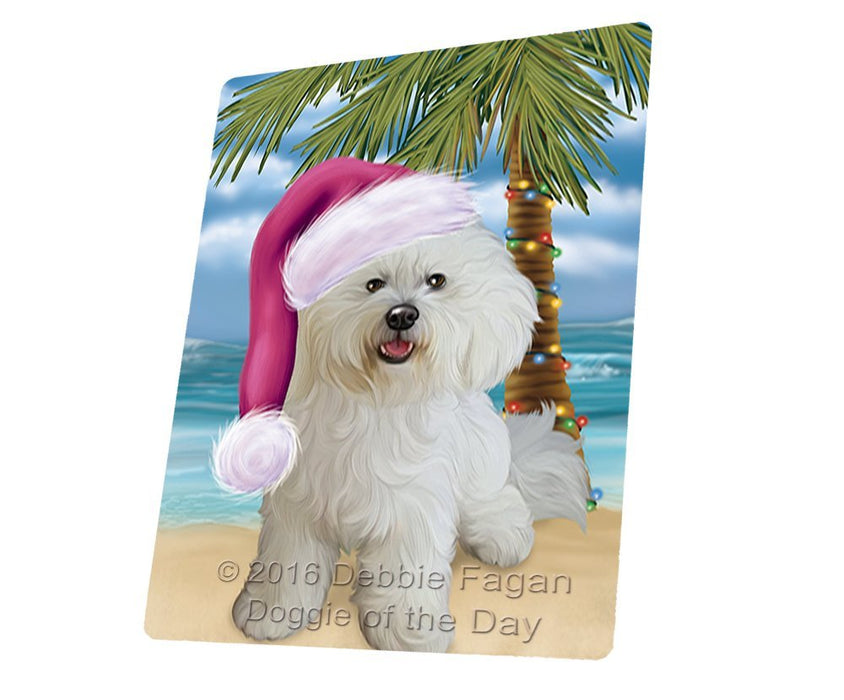 Summertime Happy Holidays Christmas Bichon Frise Dog on Tropical Island Beach Tempered Cutting Board (Small)