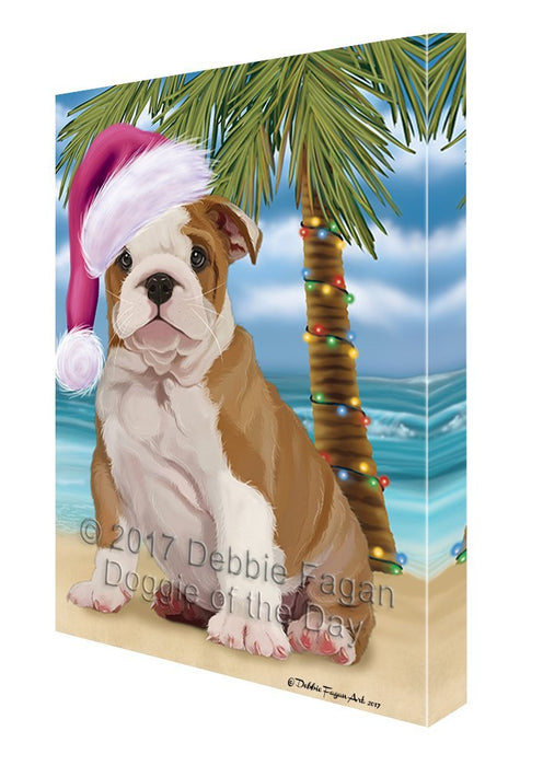 Summertime Happy Holidays Christmas Bulldog Puppy Dog on Tropical Island Beach Canvas Wall Art D098