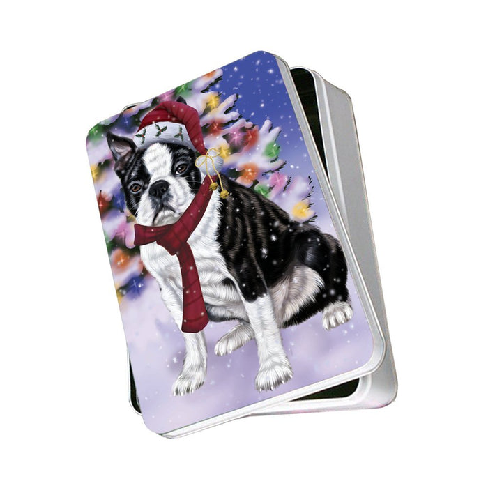 Winterland Wonderland Boston Dog In Christmas Holiday Scenic Background Photo Storage Tin