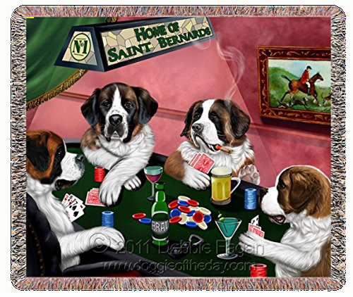 Saint Bernards Dogs Playing Poker Woven Throw Blanket 54 x 38