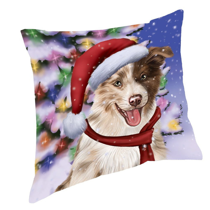 Winterland Wonderland Border Collies Dog In Christmas Holiday Scenic Background Throw Pillow