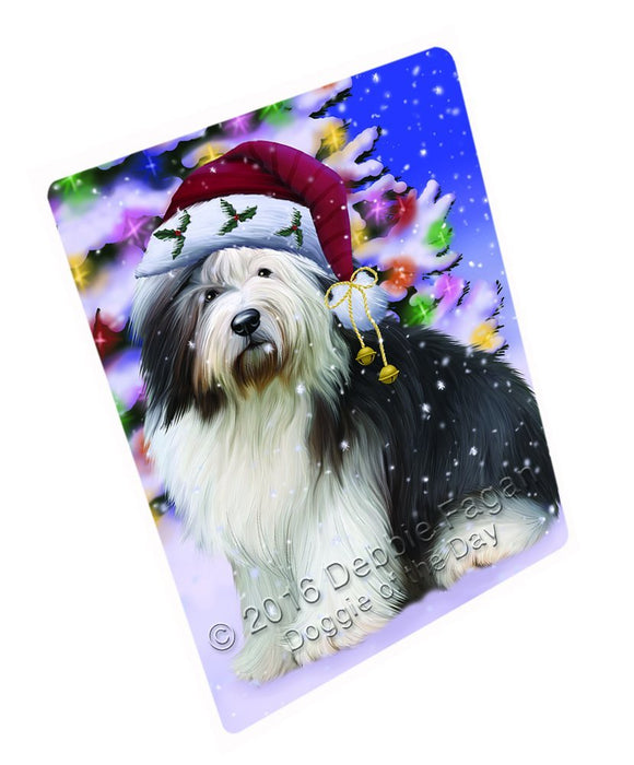 Winterland Wonderland Old English Sheepdog Dog In Christmas Holiday Scenic Background Tempered Cutting Board