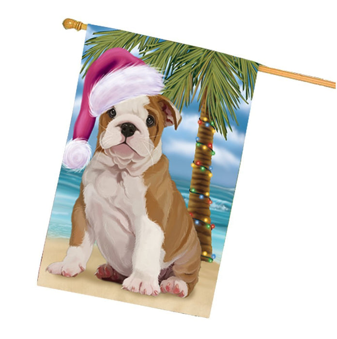 Summertime Christmas Happy Holidays Bulldog Puppy on Beach House Flag HFLG323