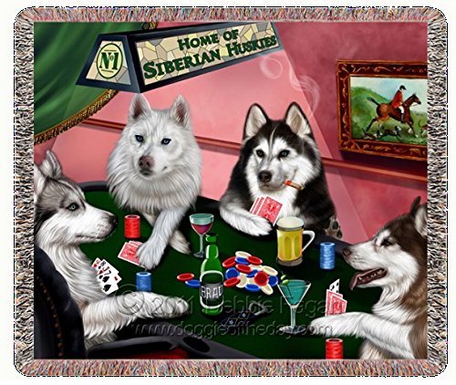 Siberian Husky Woven Throw Blanket 54 x 38 4 Dogs Playing Poker