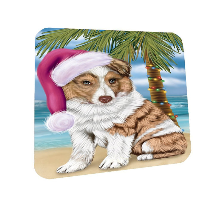 Summertime Happy Holidays Christmas Australian Shepherd Dog on Tropical Island Beach Coasters Set of 4