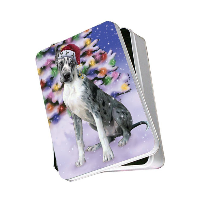 Winterland Wonderland Great Dane Dog In Christmas Holiday Scenic Background Photo Storage Tin