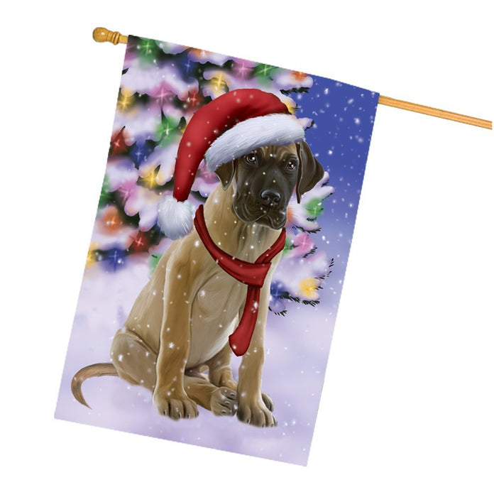 Winterland Wonderland Great Dane Dog In Christmas Holiday Scenic Background House Flag