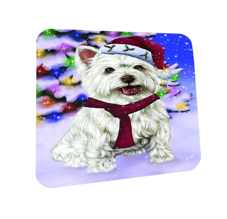 Winterland Wonderland West Highland Terriers Dog In Christmas Holiday Scenic Background Coasters Set of 4