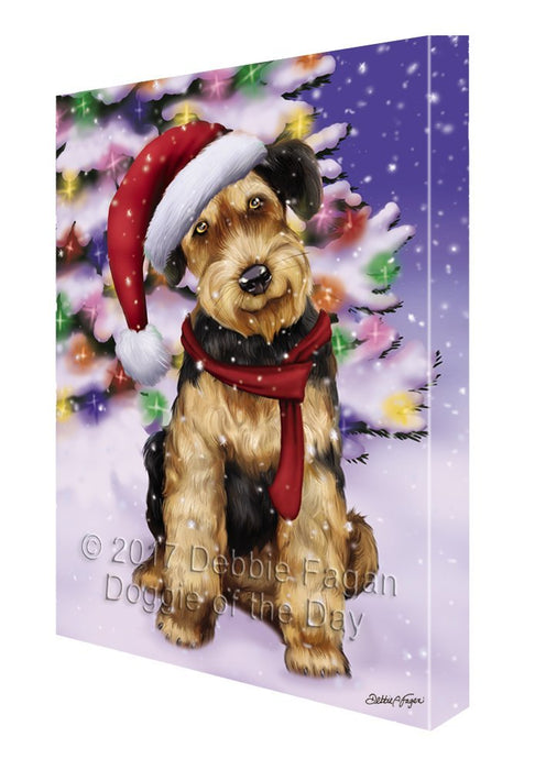 Winterland Wonderland Airedales Puppy Dog In Christmas Holiday Scenic Background Painting Printed on Canvas Wall Art