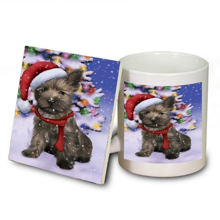 Winterland Wonderland Cairn Terrier Puppy Dog In Christmas Holiday Scenic Background Mug and Coaster Set